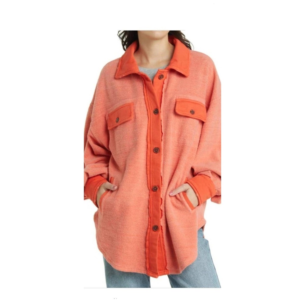 Free People Ruby Coral Fleece Shacket Button Down Shirt Jacket Oversized Size S‎